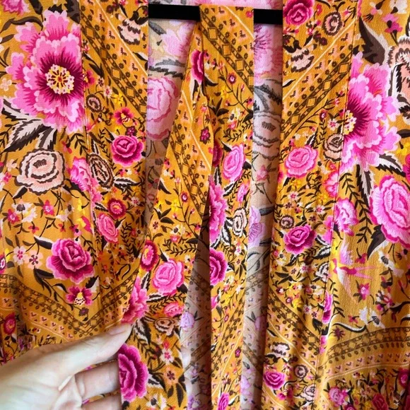 Spell Vibrant Marigold and Pink Floral Kimono w/ Belt - Picture 4 of 6